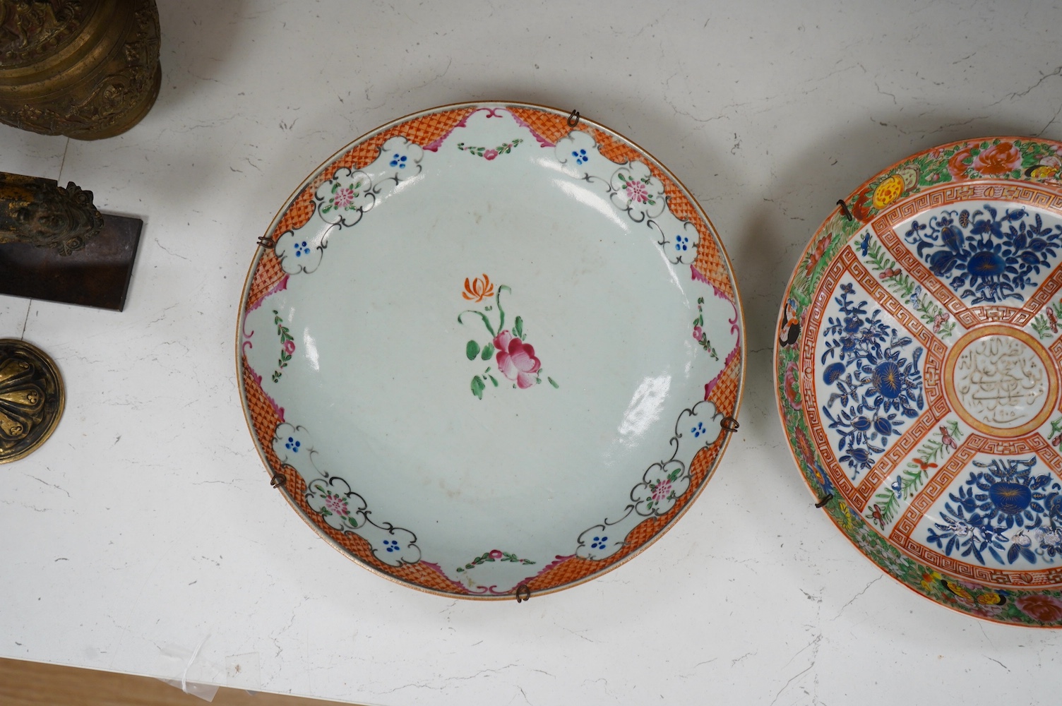 A Chinese enamelled floral porcelain dish made for the Persian market, c.1905 and two other Chinese plates, 28cm diameter. Condition - good, one dish sounds dull